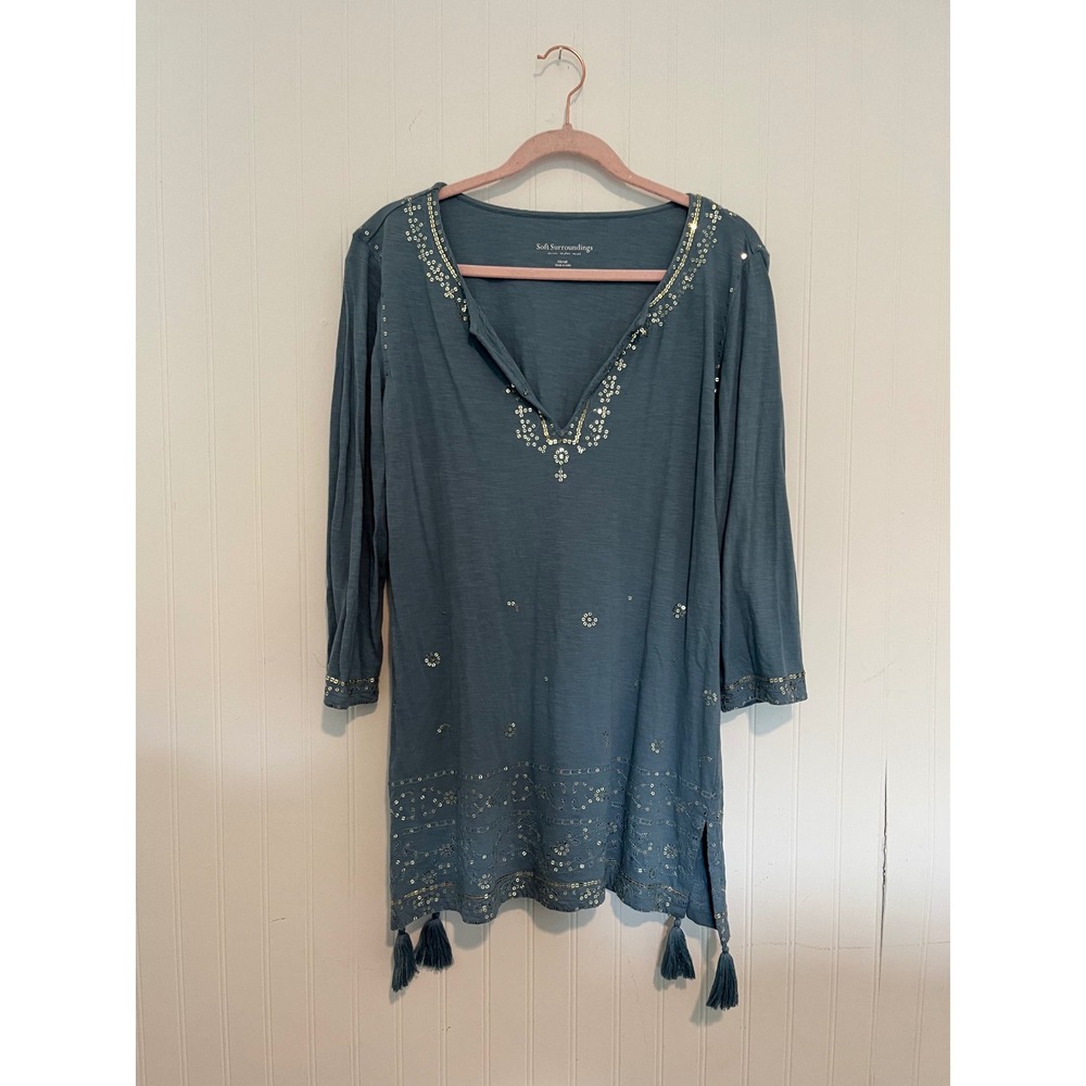 Soft Surroundings Top Womens XS Blue Sequin Tassel Tunic Cotton Boho